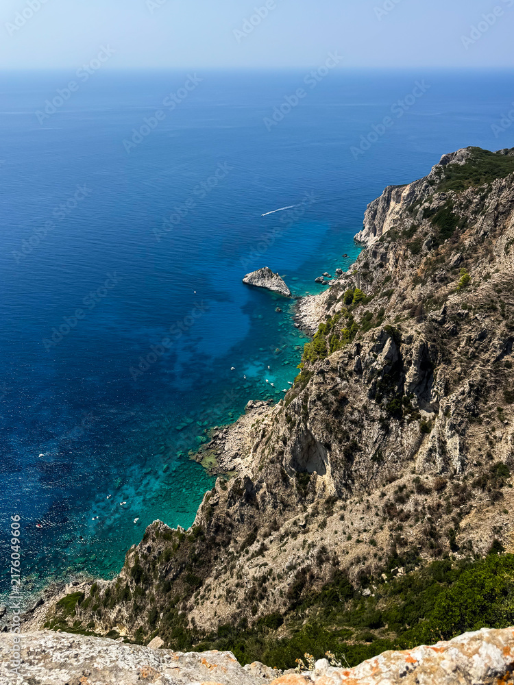 Fototapeta premium Panoramic view of Corfu coastline from Angelokastro Byzantine Castle, Greece