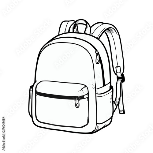 A black and white line drawing of a school bag with side pockets and zippers suitable for children and students heading back to their daily classes and academic learning activities at the school