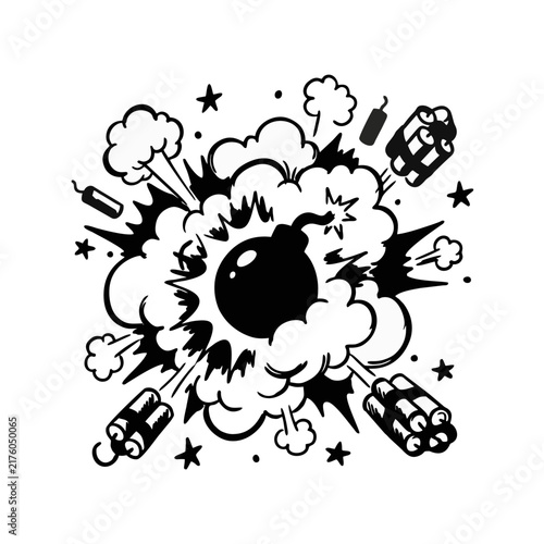 Black and white ink drawing showing a dramatic heavy smoke blast with multiple dynamite sticks flying through the air representing a sudden loud noise and a powerful energetic force of