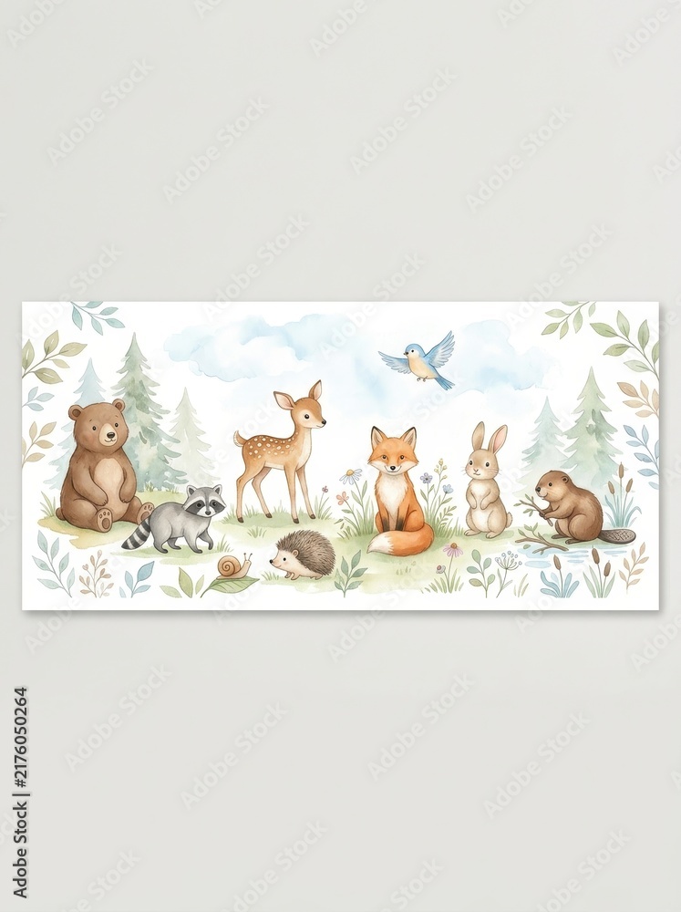 Fototapeta premium Cute Woodland Animals Watercolor Illustration Banner with Bear Fox Deer and Raccoon for Nursery Decor