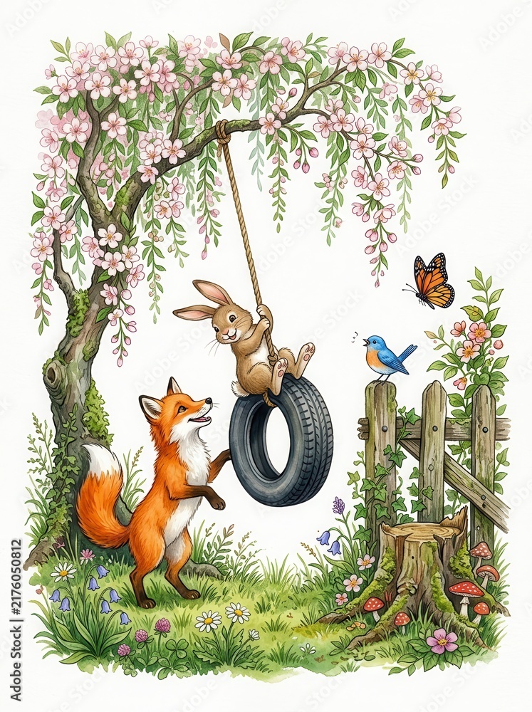 Fototapeta premium Whimsical Watercolor Illustration of a Fox Pushing a Rabbit on a Tire Swing Under a Blooming Cherry Blossom Tree in a Spring Garden