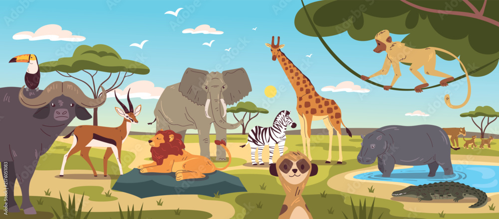 Fototapeta premium Savanna animals landscape. African jungle animal wildlife, africa wild nature cartoon background safari park scene hippo lion zebra ape elephant, zoo classy vector illustration