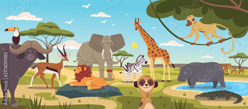 Savanna animals landscape. African jungle animal wildlife, africa wild nature cartoon background safari park scene hippo lion zebra ape elephant, zoo classy vector illustration
