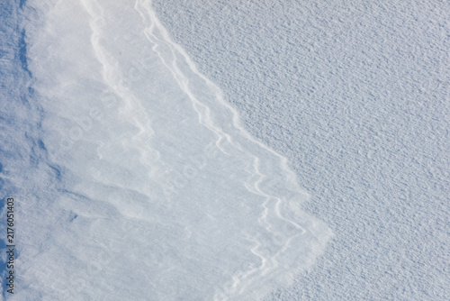 Soft snow blankets the ground, revealing gentle, wavy textures