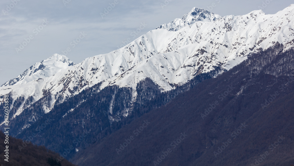 Fototapeta premium Alpine landscape features sharp, snow-dusted ridges and dark forested hillsides