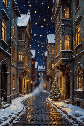 Magical Winter Night in an Old European Town with Falling Snow and Golden Stars, Impressionist Oil Painting