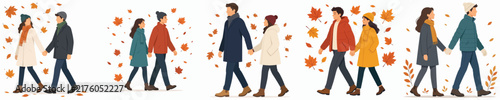 Flat vector illustration of a couple walking together amidst falling autumn leaves, side view