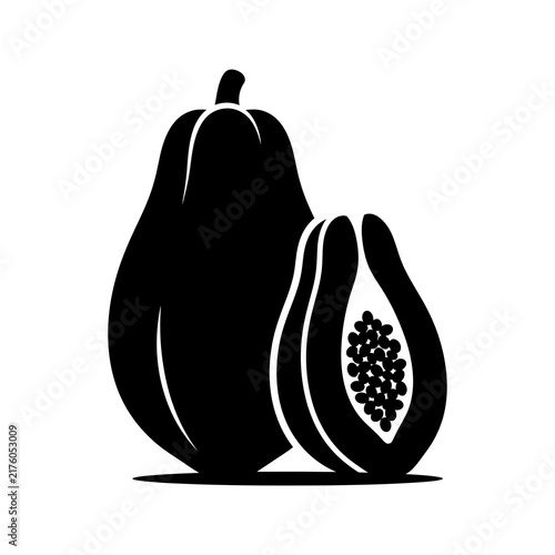 Minimalist papaya silhouette with whole and sliced half fruit showing seeds, concept for organic tropical food branding, ideal for juice bar menus and vegan packaging designs.