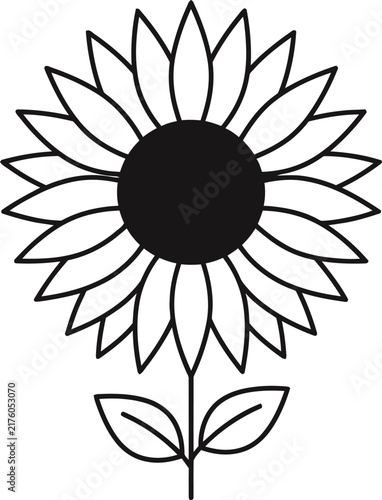 Simple black and white line art illustration of a sunflower