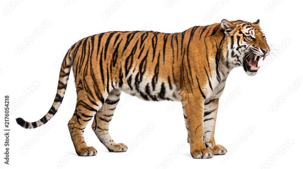 Obraz premium Powerful Bengal tiger displaying an intense roaring expression with visible teeth and detailed striped fur, isolated on white background.
