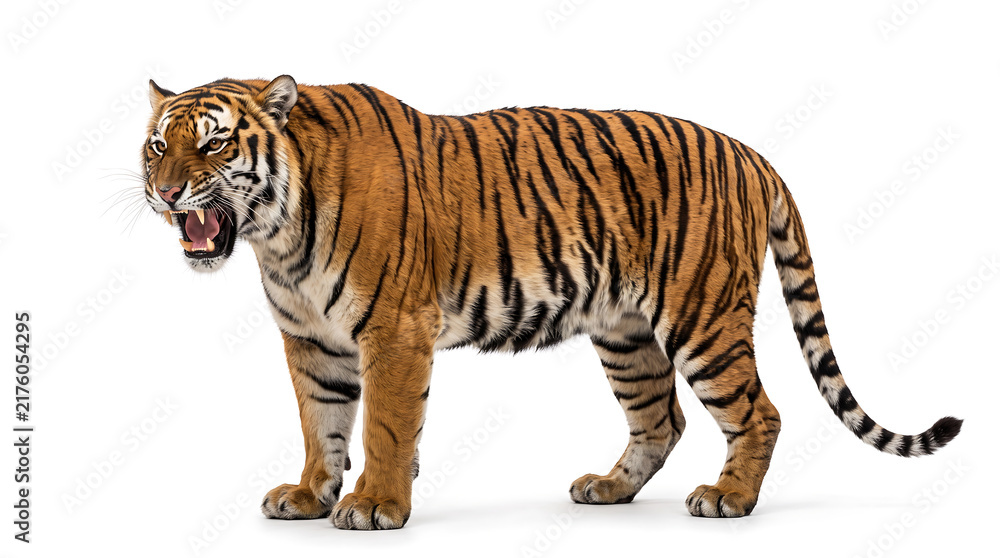 Obraz premium Full body adult Bengal tiger roaring with an open mouth and visible sharp teeth, isolated on a pure white background for wildlife design projects.