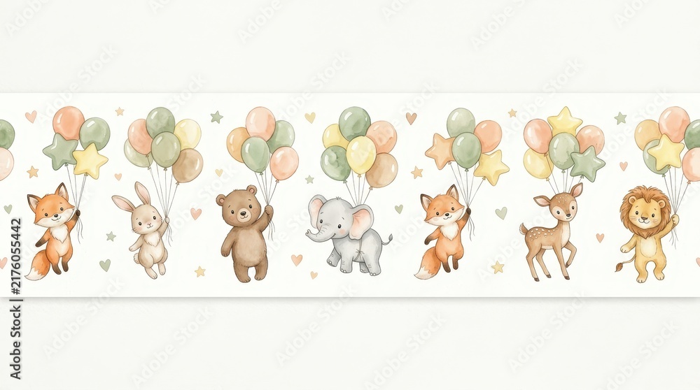 Fototapeta premium Cute Watercolor Baby Animals Floating with Balloons Seamless Border for Nursery Wall Art and Kids Decor