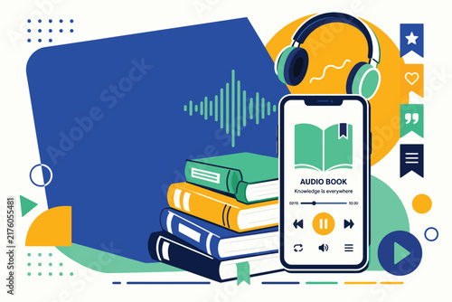 Audiobook mobile app concept, digital library with smartphone and headphones, online education vector illustration