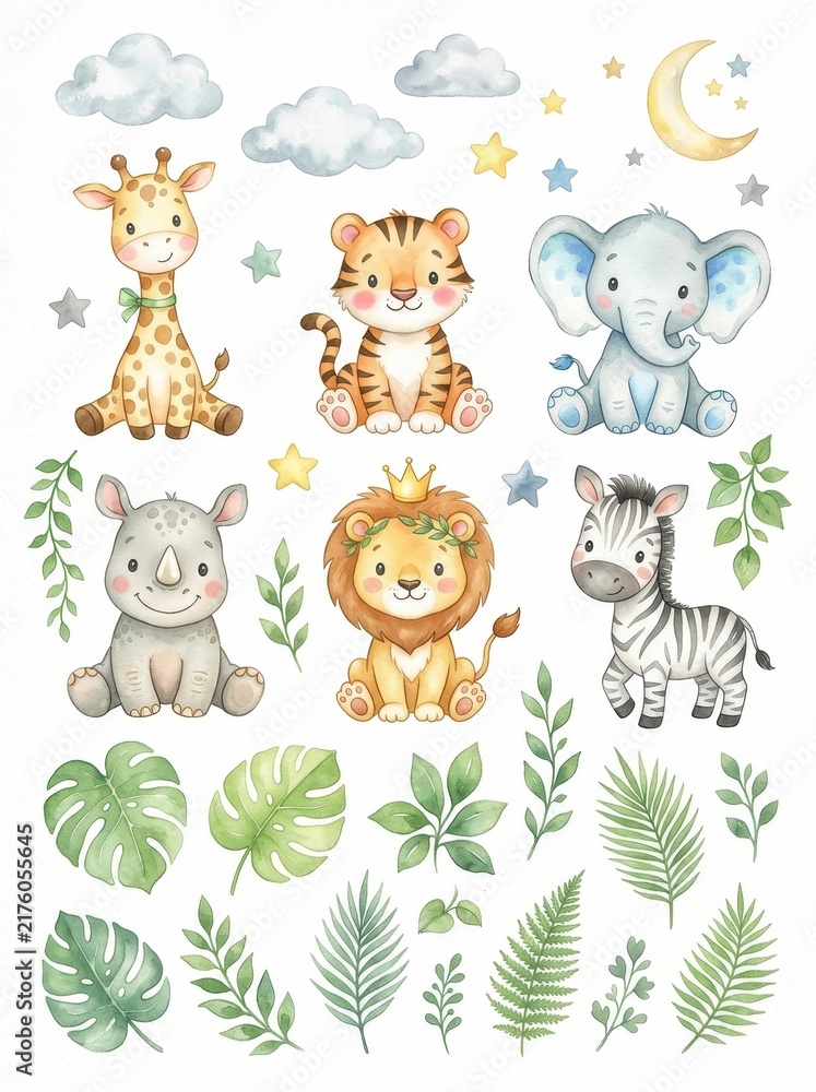Obraz premium Watercolor Baby Safari Animals Set with Cute Lion Tiger Elephant Giraffe Rhino Zebra and Tropical Leaves for Nursery