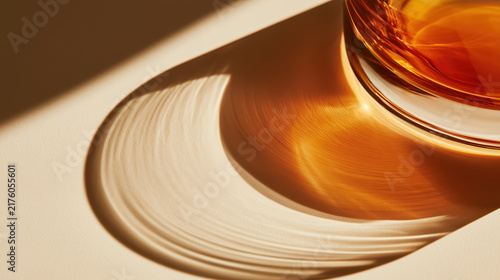 Abstract amber glass with luminous curved shadow pattern