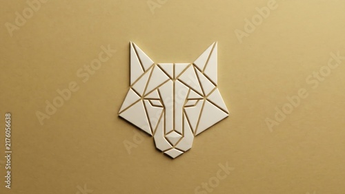 Minimalist low poly wolf head emblem on beige paper background
