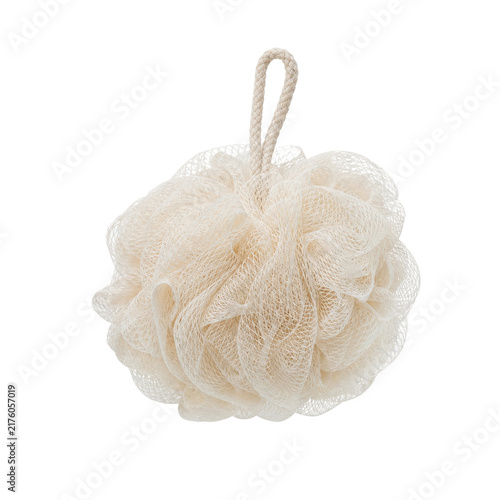 Single beige shower loofah with a rope handle, captured with soft studio lighting against a clean white background
