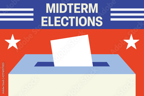 Midterm elections graphic with ballot box and stars symbolizing democracy.