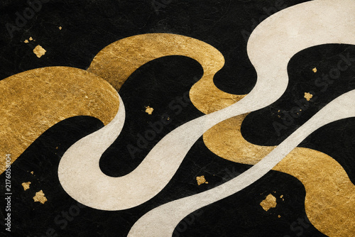 Japanese abstract background of flowing gold leaf and white waves on black washi paper, elegant Rinpa style illustration