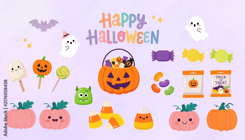 Fototapeta premium Cute Halloween celebration elements vector illustration set with spooky ghosts and pumpkins