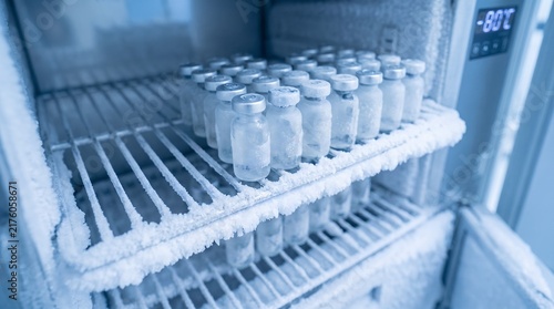 Closeup of frozen medical vials stored in an ultralow temperature laboratory freezer at 80 degrees celsius