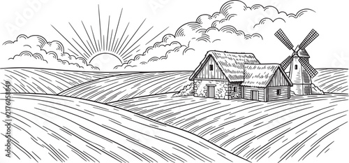 Hand drawn farm landscape with a windmill and rustic house at sunrise in a vintage sketch style