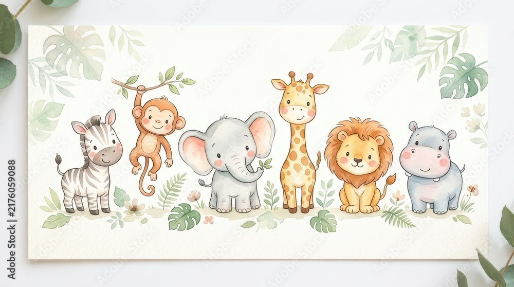 Fototapeta premium Cute Watercolor Safari Animals Banner with Baby Lion, Elephant, Giraffe, Zebra, Monkey and Hippo for Nursery Decor