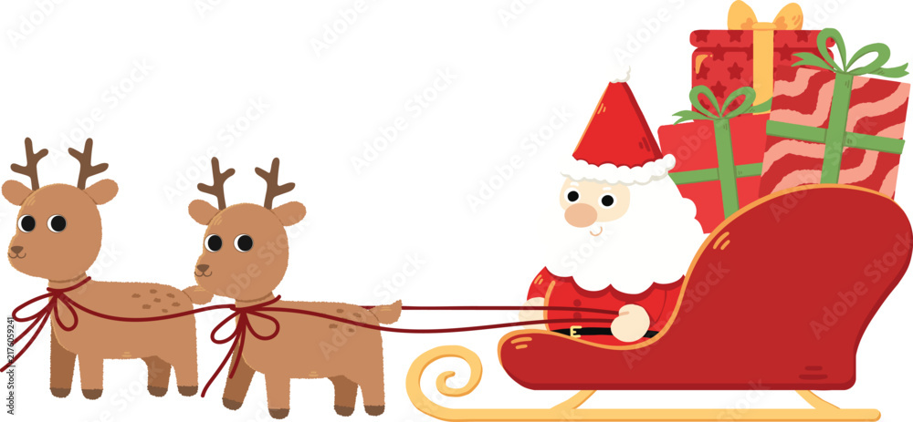 Fototapeta premium Cozy Santa Gift Sleigh shows a cheerful Santa riding in a festive red sleigh filled with wrapped presents and holiday packages