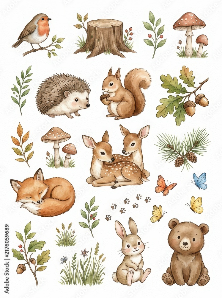 Naklejka premium Watercolor Woodland Animals and Forest Elements Collection - Cute Fox, Deer, Bear, Squirrel, and Hedgehog Illustrations