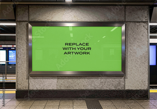 Vertical digital display mockup mounted on a concrete wall in subway station, framed screen with placeholder background, realistic advertising presentation public transit environment