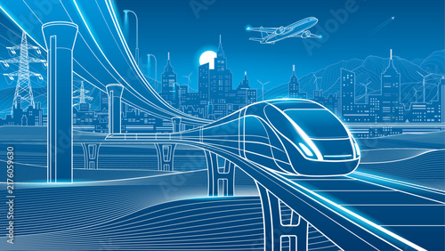 Futuristic high speed train traveling on an elevated railway through a modern city with curved transportation infrastructure, power lines, wind turbines, mountains and airplane