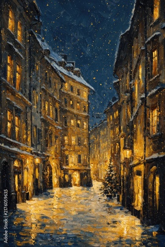 Magical Winter Night in an Old European Town with Falling Snow and Golden Stars, Impressionist Oil Painting
