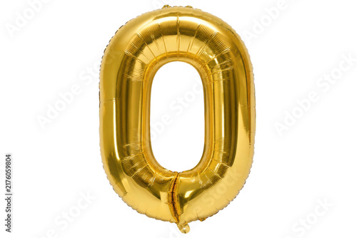 Obraz na plátně Shiny golden number zero foil balloon, inflated and reflecting light, isolated o