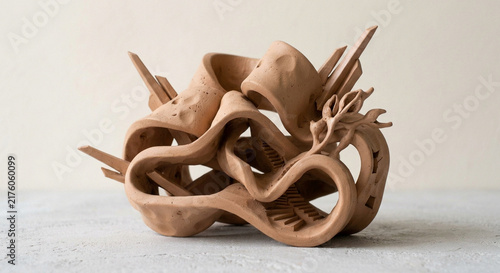 Abstract Terracotta Clay Sculpture with Fluid Shapes and Miniature Stairs
