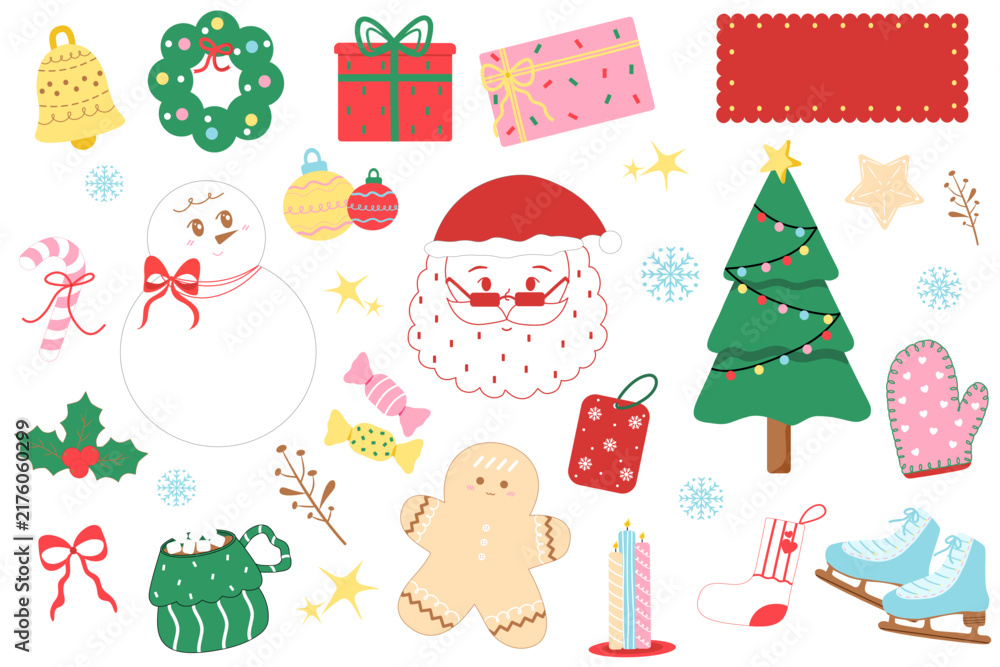 Naklejka premium Christmas Holiday Elements Collection with Santa Tree Gifts and Decorations