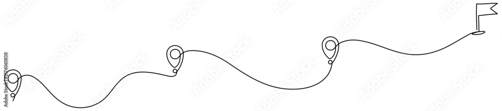 Fototapeta premium Destination concept with line pin mark and flag. Continuous line winding route path. Vector illustration isolated on white.