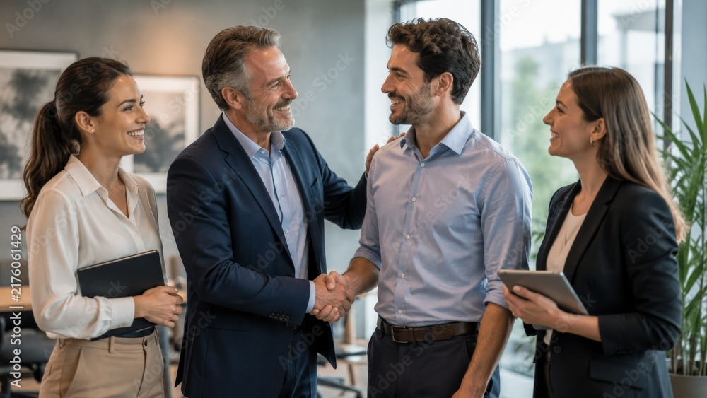 Obraz premium Diverse Business Team Collaborating in Modern Office, Teamwork, Leadership and Creative Strategy