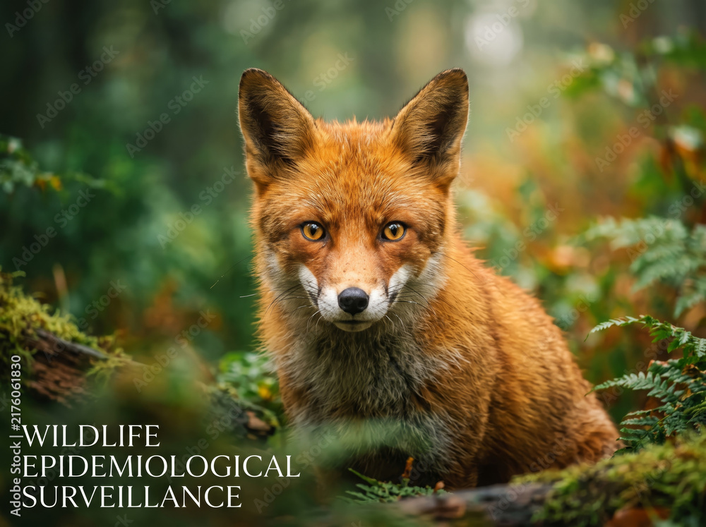 Fototapeta premium Wild Red Fox in Lush Green Forest for Wildlife Disease Surveillance