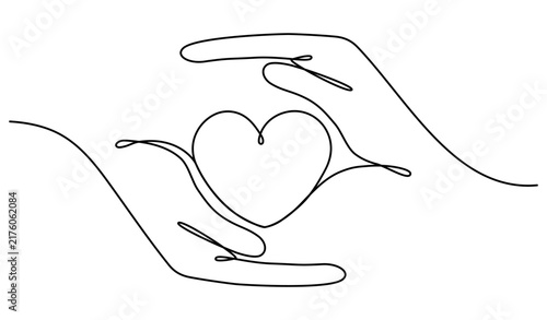 Continuous one line drawing hands hold heart shape. Charity donation linear concept. Vector illustration isolated on white.