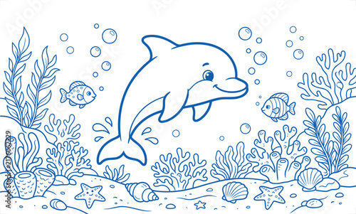 Photography Cute dolphin coloring page for kids, underwater sea life outline illustration, b