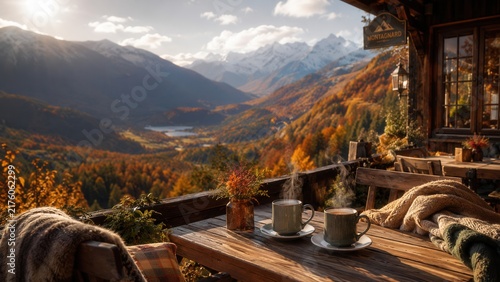 Cozy mountain chalet terrace with steaming coffee overlooking colorful autumn valley and snowy alpine peaks