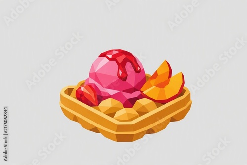 Low Poly Strawberry Bubble Waffle with Peach and Strawberry Syrup
Hong Kong Waffle with Strawberry Ice Cream and Peach