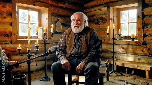 Contemplative Elder in Rustic Log Cabin Illuminated by Candlelight and Natural Light.