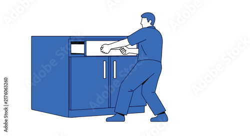 Person pulls a drawer from a blue cabinet