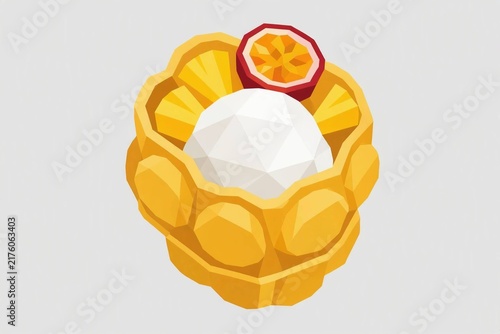 Low Poly Tropical Bubble Waffle with Coconut Ice Cream
Hong Kong Waffle with Coconut, Pineapple and Passion Fruit