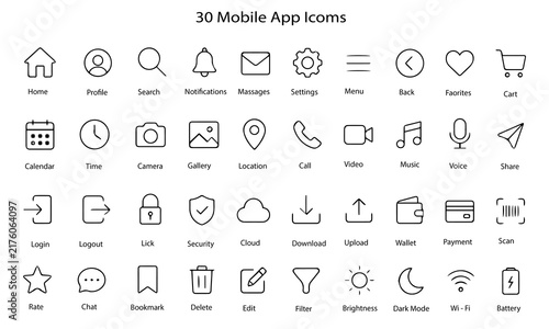 30 Mobile App Icons Vector Line art