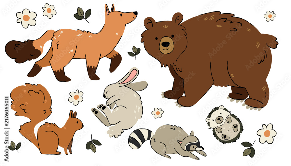 Fototapeta premium Cute Woodland Animals Clipart Set, Adorable Forest Animal Characters in Cartoon Style, Bear, Wolf, Fox, Bunny, Deer, Moose, Raccoon, Squirrel, Owl and Beaver Vector Collection