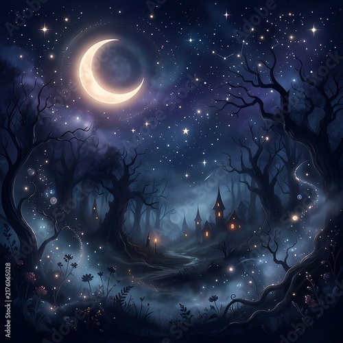 Mystical Halloween night background with glowing crescent moon, starry sky, and spooky enchanted forest