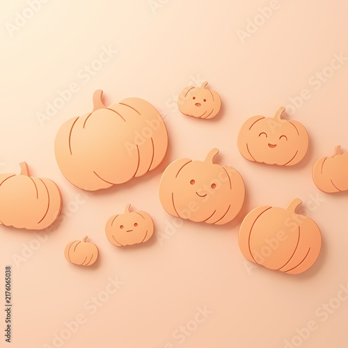 Minimalist pastel orange pumpkin background with cute smiling jack-o'-lantern shapes