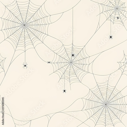 Minimal spiderweb background with delicate line art and hanging spiders on soft cream texture